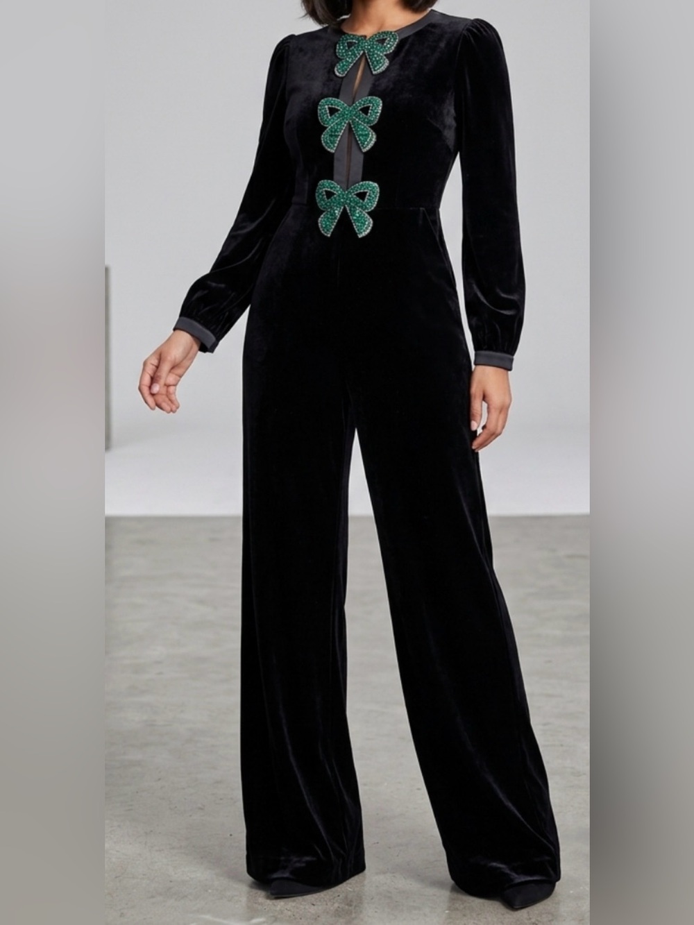 $1100 New SALONI Camille Bow Embellished Black Velvet Wide Leg Jumpsuit US 6